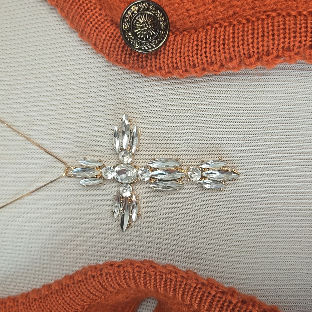 Crystal Cross Pendant Necklace – Gold Tone | Cubic Zirconia Statement Piece - Picture 7 of 8